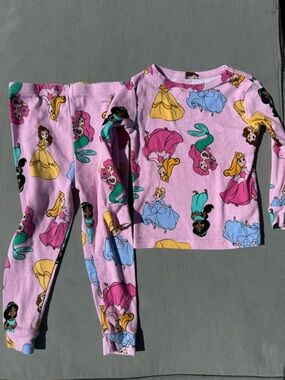 Disney Girls Pink Princess Pajama Set with Multicolor Character Prints